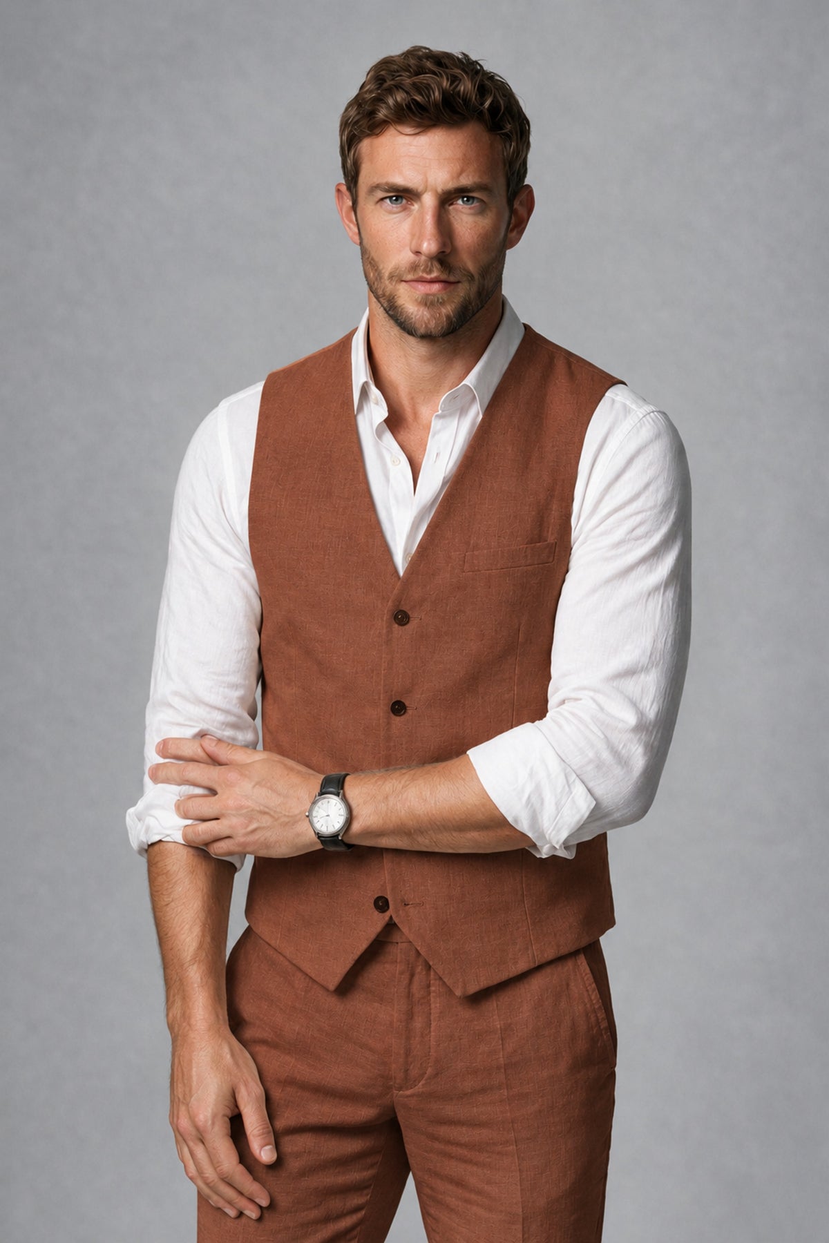 Men's Rust Linen Blend Single-Breasted V-Neck Suit Vest | Savile QX0101 - Rust