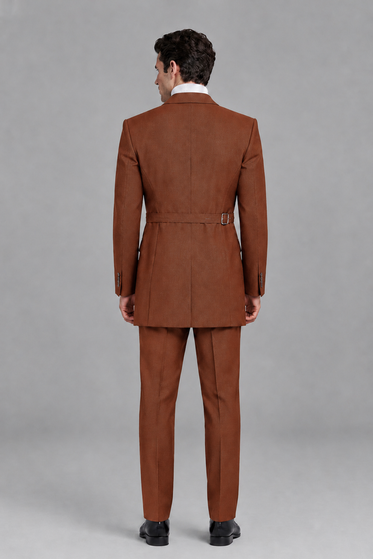 Savile Men's Rust Double Buckle Wrap Belted 2-Piece Suit Set – Peak Lapel Slim-Fit Jacket & Trousers - Rust - Rust_3