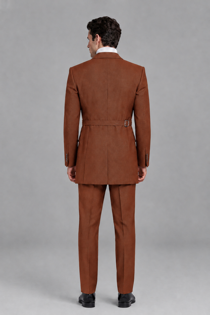 Savile Men's Rust Double Buckle Wrap Belted 2-Piece Suit Set – Peak Lapel Slim-Fit Jacket & Trousers - Rust - Rust_3