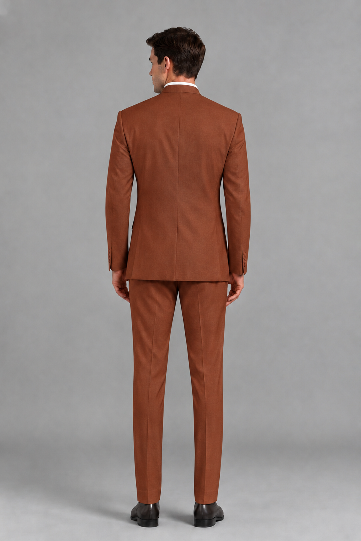 Savile Men's Rust Asymmetrical Mandarin Collar Tuxedo Suit – Modern 2-Piece Gold Button Wedding, Prom & Gala Set - Rust - Rust_3