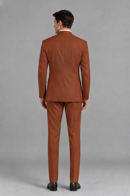 Savile Men's Rust Asymmetrical Mandarin Collar Tuxedo Suit – Modern 2-Piece Gold Button Wedding, Prom & Gala Set - Rust - Rust_3