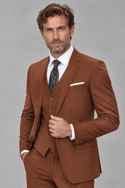 Savile Men's Rust 3-Piece Suit Set – Notch Lapel Blazer, Vest & Trousers - Rust - Rust_3