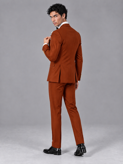 Savile Men's Rust Contrast White Peak Lapel 3-Piece Tuxedo Suit - Rust