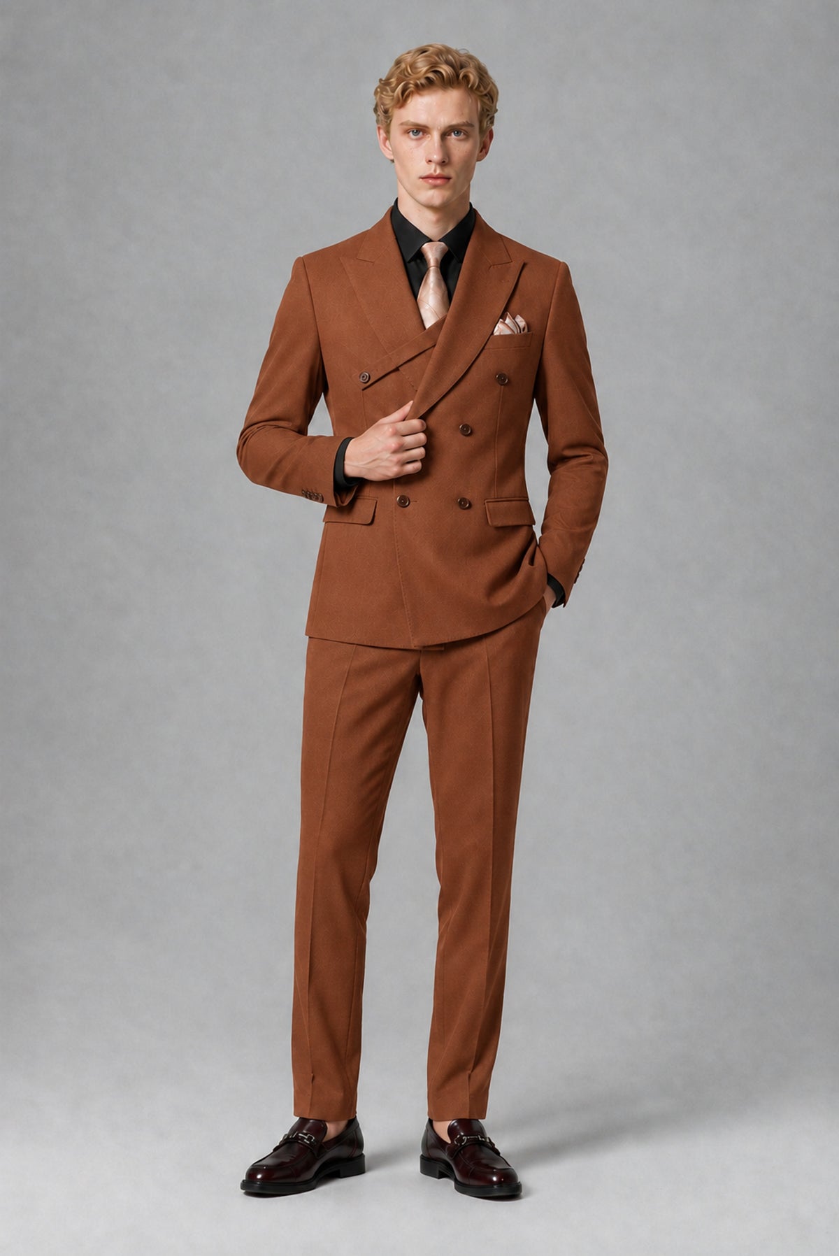 Savile Men's Rust Double-Breasted Two-Piece Suit - Rust