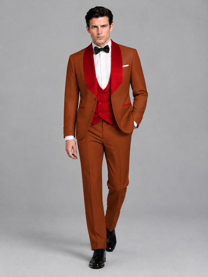 Savile Men's Rust 3-Piece Tuxedo Suit Set – Contrast Red Shawl Lapel Blazer, Red Waistcoat & Trousers - SUC020 - Rust