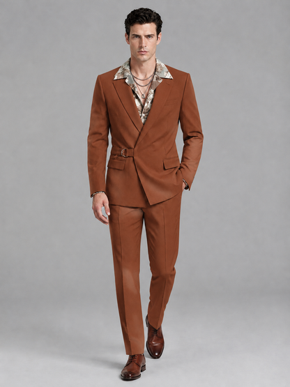 Savile Men's Rust Belted Wrap 2-Piece Suit – Peak Lapel Blazer & Tailored Trousers - SUC060 - Rust - Rust_4