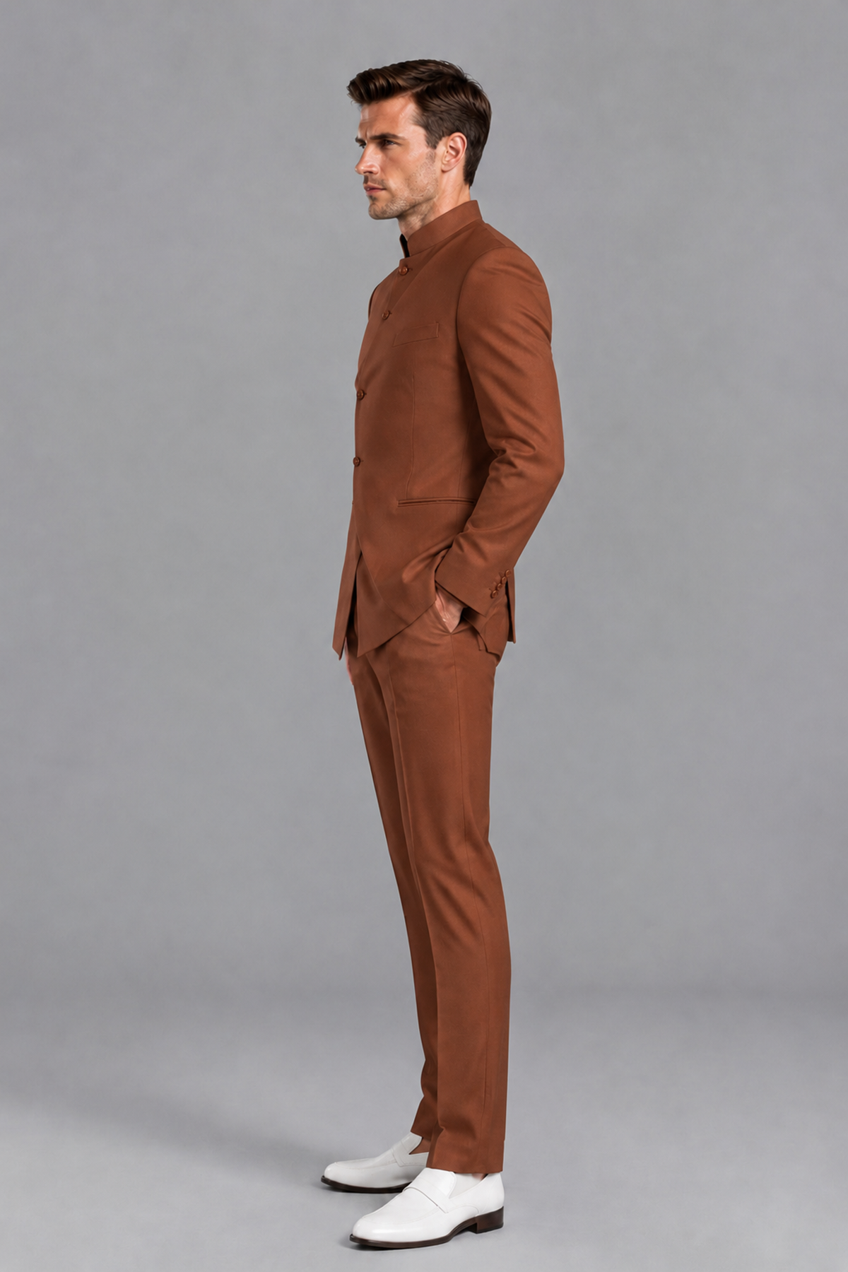 Savile Men's Rust Asymmetrical Mandarin Collar Tuxedo Suit – Modern 2-Piece Gold Button Wedding, Prom & Gala Set - Rust - Rust_4