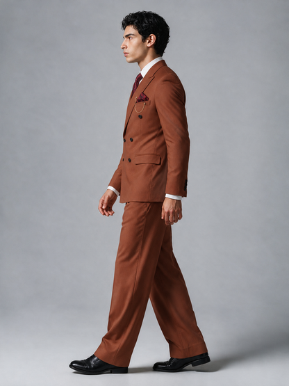 Savile Men's Rust Double-Breasted 2-Piece Suit Set – Peak Lapel Blazer & Pleated Wide-Leg Trousers - Rust - Rust_4