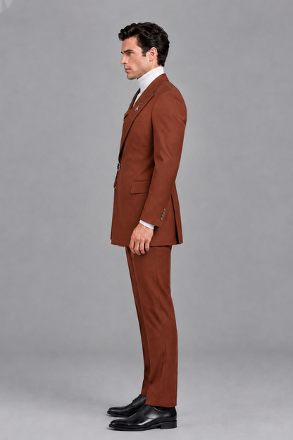 Savile Men's Rust Double Buckle Wrap Belted 2-Piece Suit Set – Peak Lapel Slim-Fit Jacket & Trousers - Rust - Rust_4
