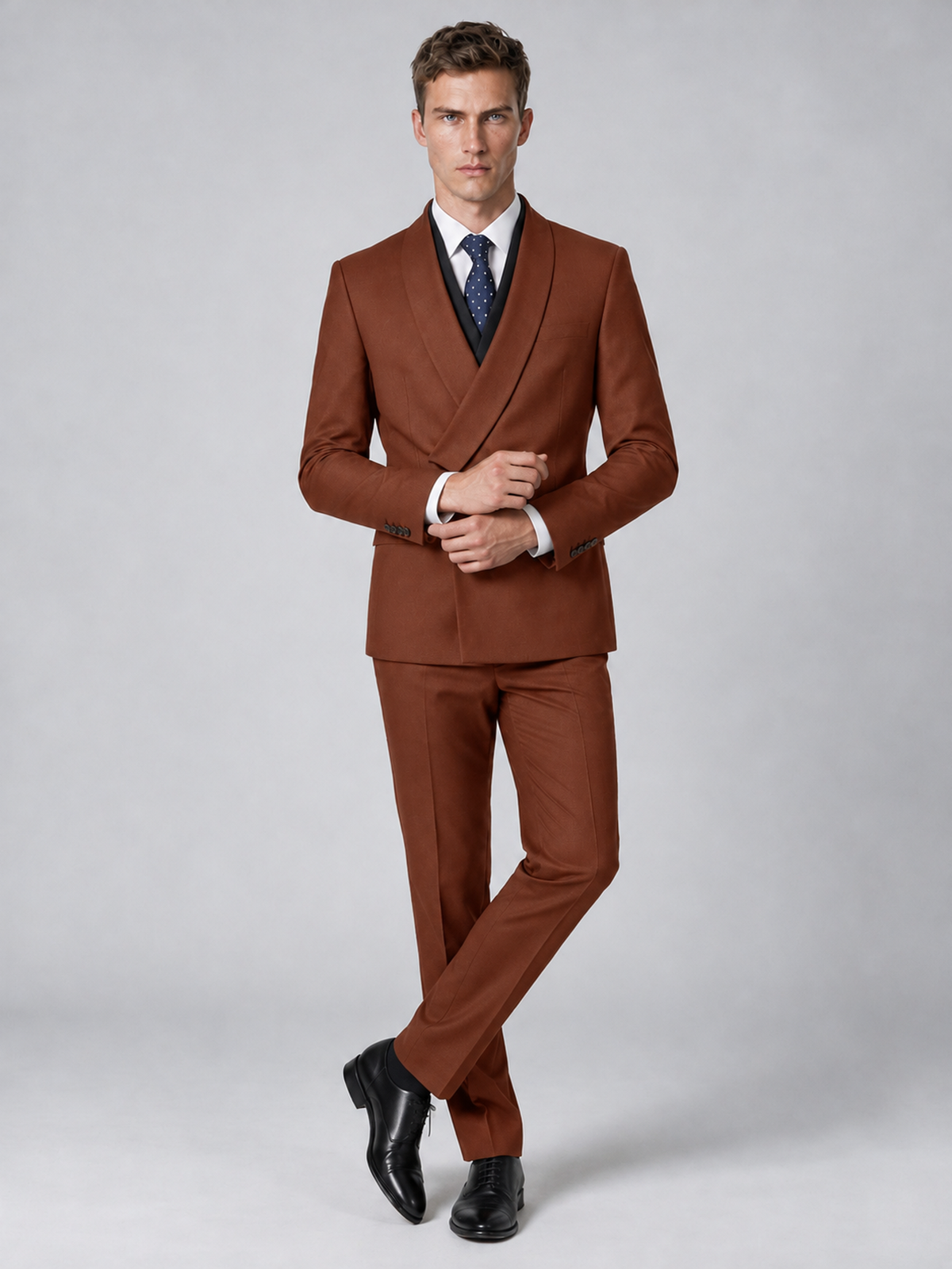 Savile Men's Rust Wrap Shawl Lapel 2-Piece Suit Set – Modern Jacket & Trousers - Rust - Rust_4