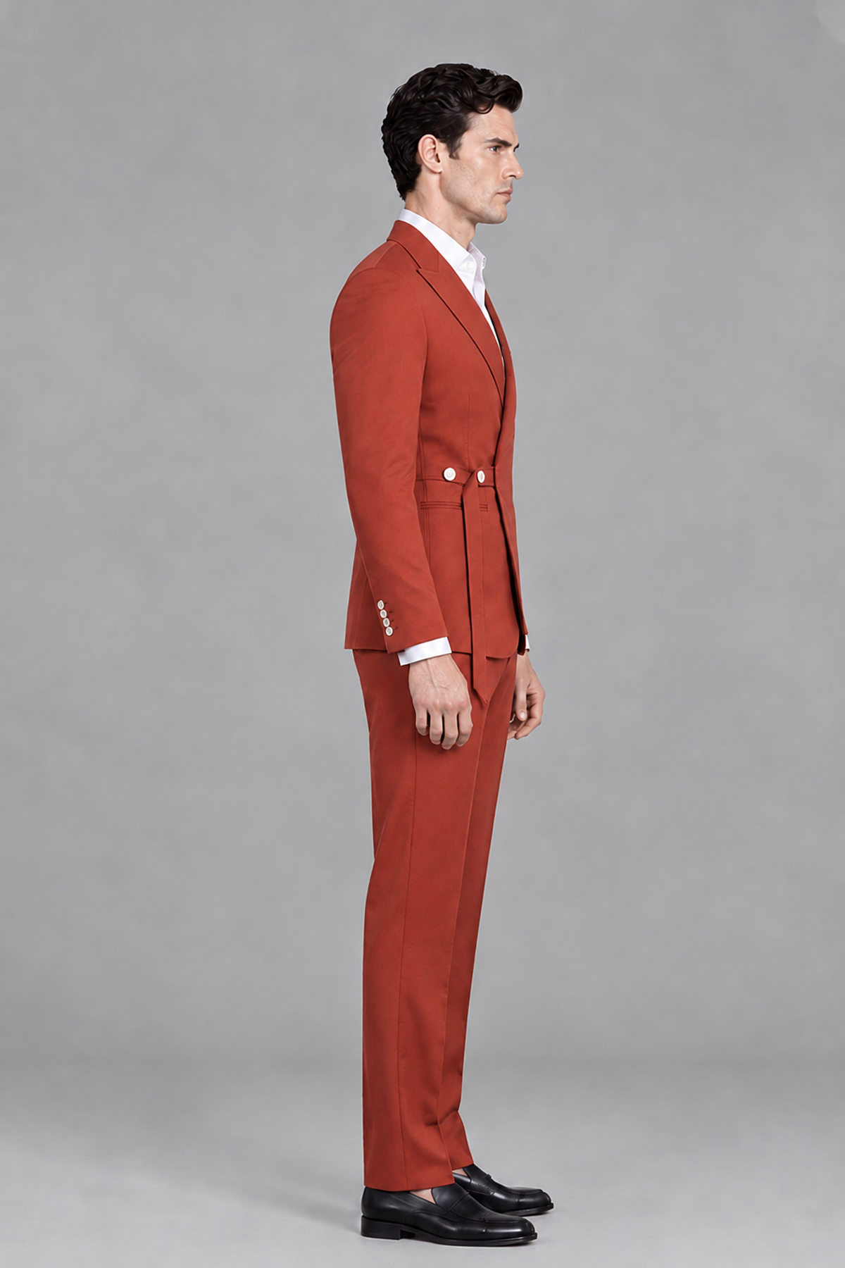 Savile Men's Modern Rust 2-Piece Wrap Suit Set – Peak Lapel Side-Button Blazer & Tailored Trousers - Rust - Rust_4