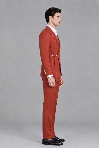 Savile Men's Modern Rust 2-Piece Wrap Suit Set – Peak Lapel Side-Button Blazer & Tailored Trousers - Rust - Rust_4