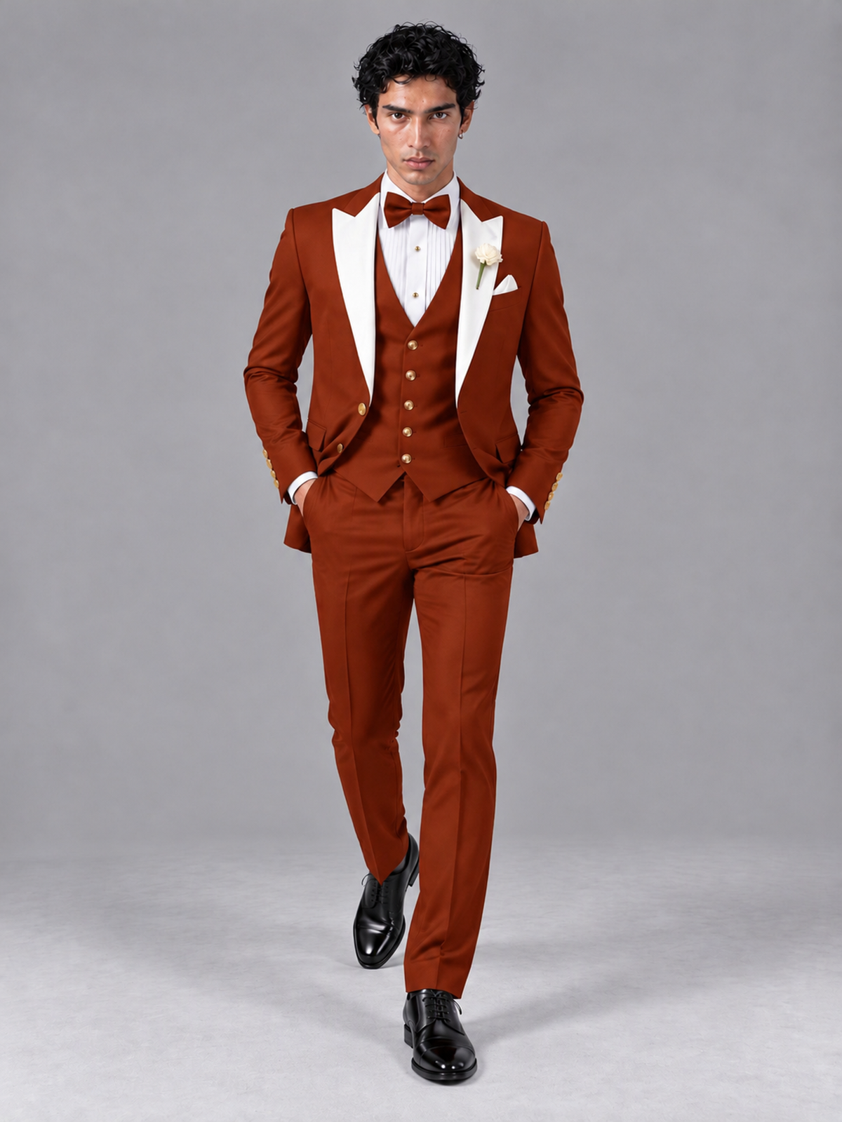 Savile Men's Rust Contrast White Peak Lapel 3-Piece Tuxedo Suit - Rust