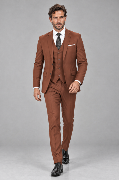 Savile Men's Rust 3-Piece Suit Set – Notch Lapel Blazer, Vest & Trousers - Rust - Rust_4