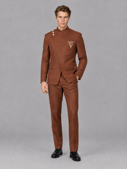 Savile Men's Rust Mandarin Collar Asymmetrical 2-Piece Suit Set – Modern Jacket & Trousers - Rust - Rust_4