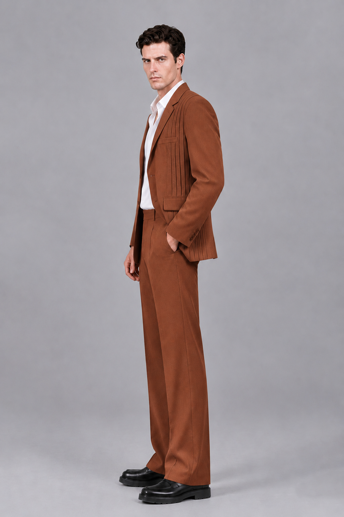 Savile Men's Rust Pleated 2-Piece Suit Set | Notch Lapel Blazer & Tailored Trousers - Rust - Rust_4