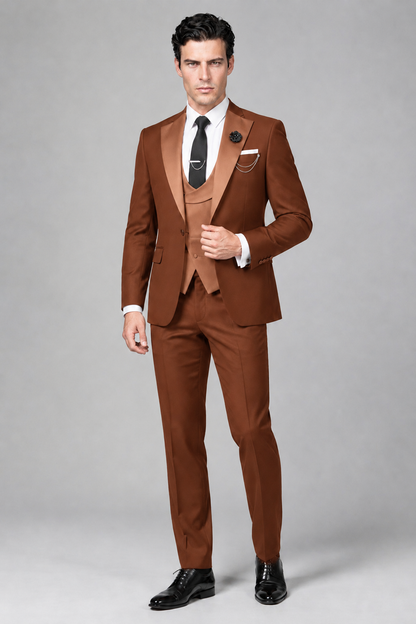 Savile Men's Rust 3-Piece Tuxedo Suit – Contrast Silver Peak Lapel & Grey Vest Formal Set - Rust - Rust_4