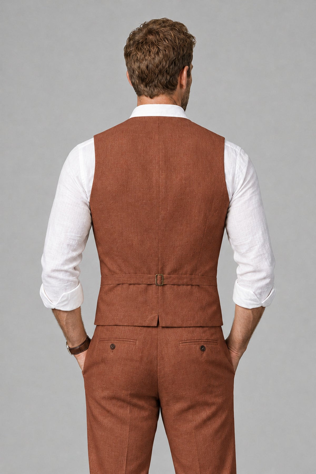 Men's Rust Linen Blend Single-Breasted V-Neck Suit Vest | Savile QX0101 - Rust