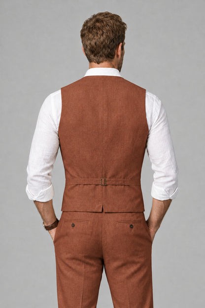 Men's Rust Linen Blend Single-Breasted V-Neck Suit Vest | Savile QX0101 - Rust