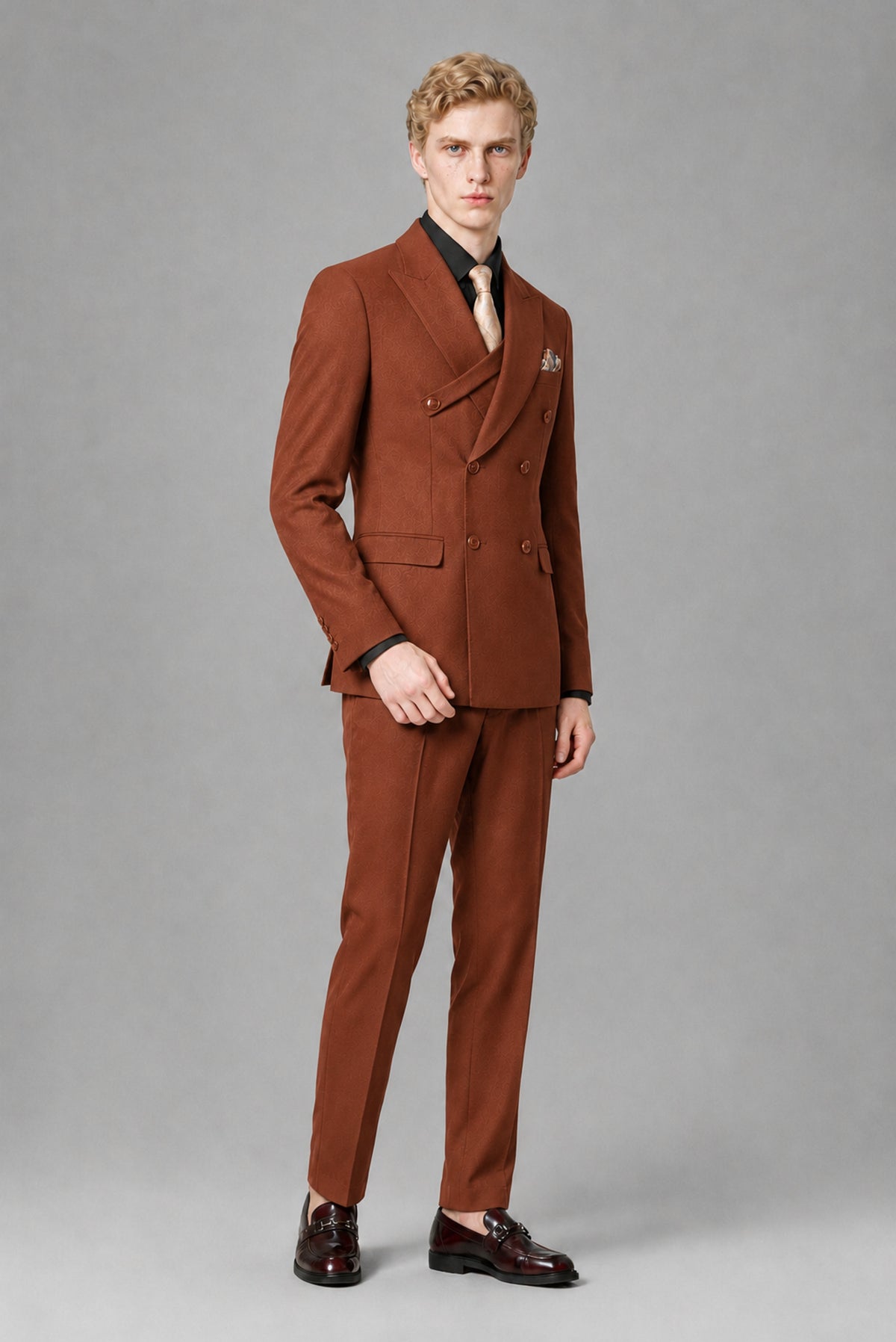 Savile Men's Rust Double-Breasted Two-Piece Suit - Rust
