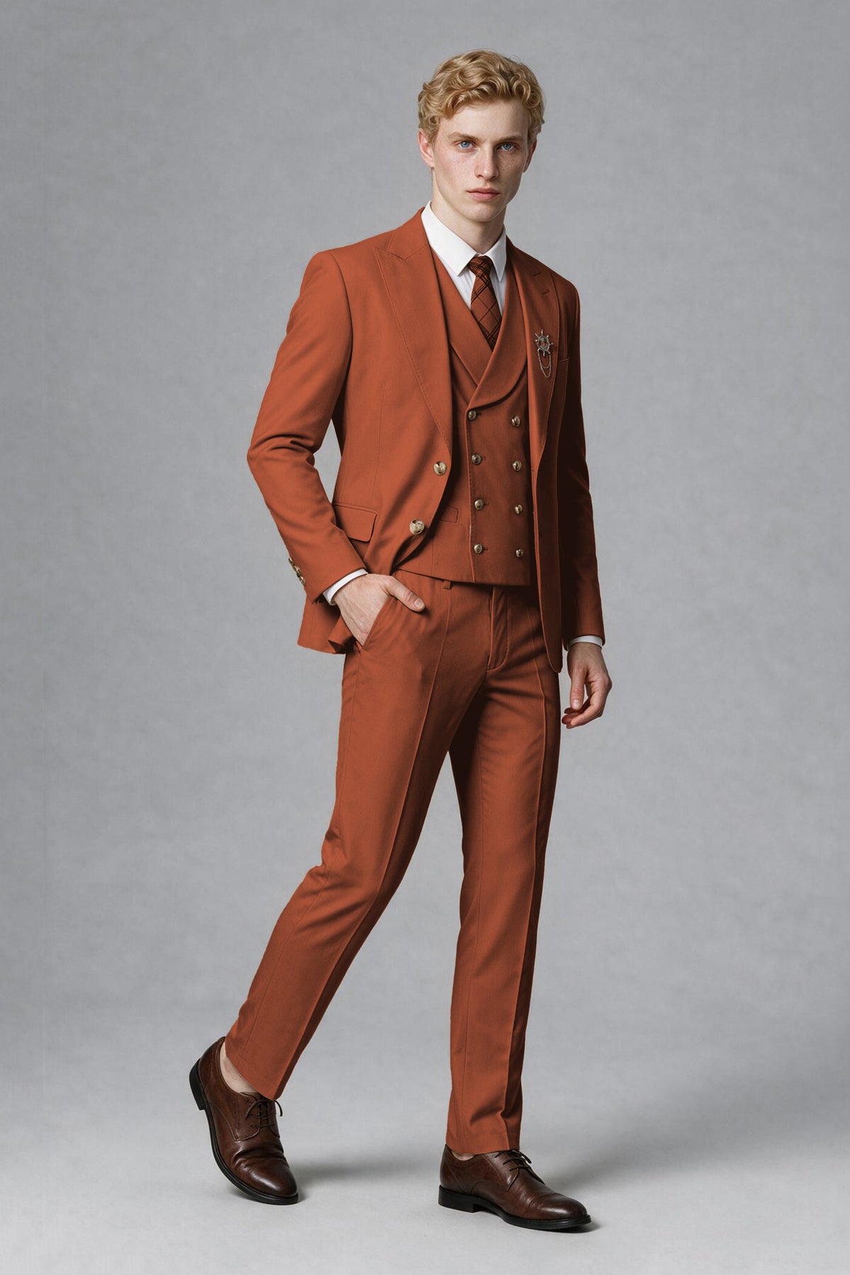 Savile Men's Rust Three-Piece Wedding Suit with Double-Breasted Waistcoat - Rust
