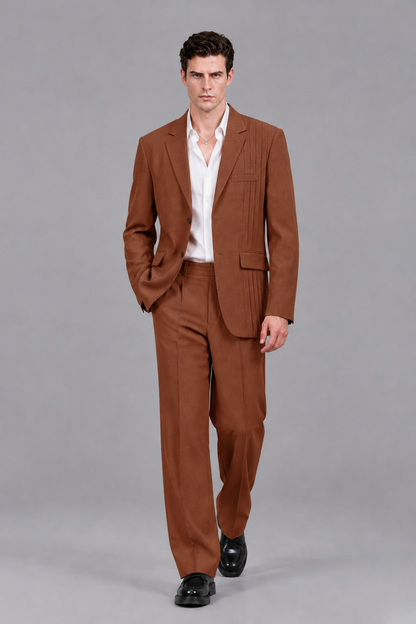 Savile Men's Rust Pleated 2-Piece Suit Set | Notch Lapel Blazer & Tailored Trousers - Rust - Rust_5