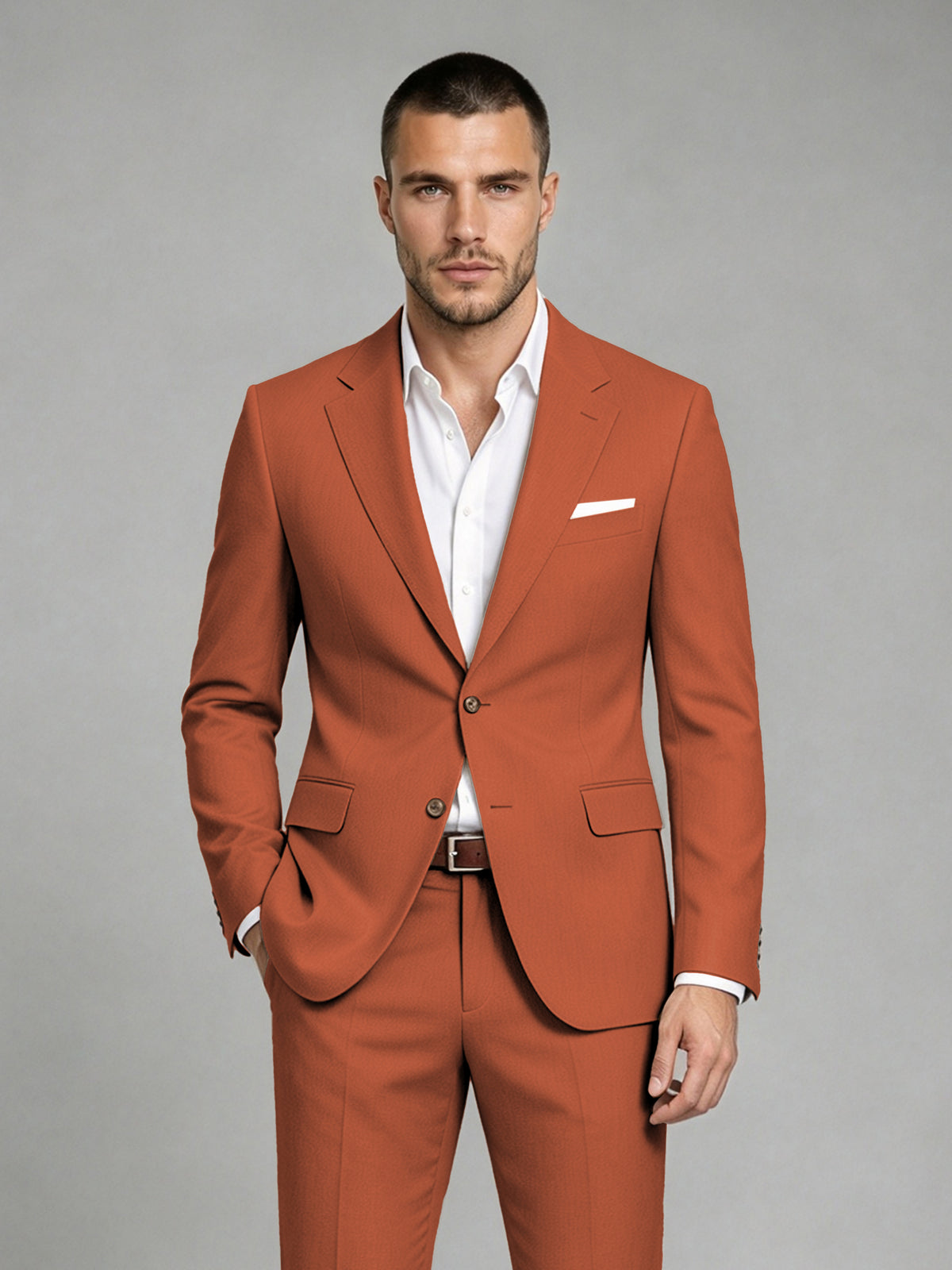 Savile Men's Dark Rust Wool-Blend 2-Piece Suit Set – Two-Button Notch Lapel Slim-Fit Blazer & Turn-Up Trousers - Rust
