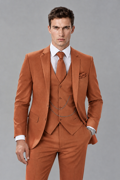 Savile Rust 3-Piece Suit with Notch Lapel & Chain Vest - Rust