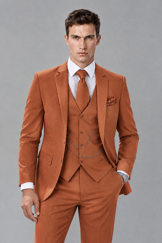 Savile Rust 3-Piece Suit with Notch Lapel & Chain Vest - Rust