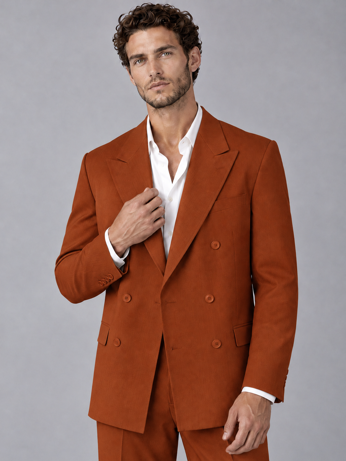 Savile Rust Beige Double-Breasted 2-Piece Suit with Peak Lapel - Rust