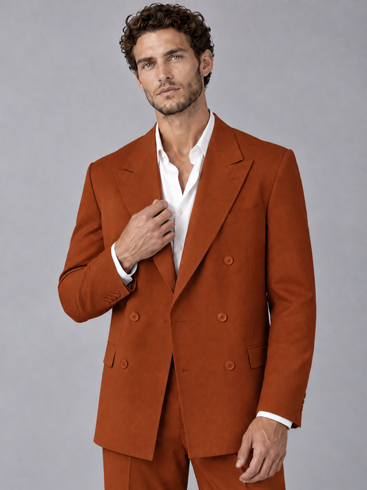 Savile Rust Beige Double-Breasted 2-Piece Suit with Peak Lapel - Rust