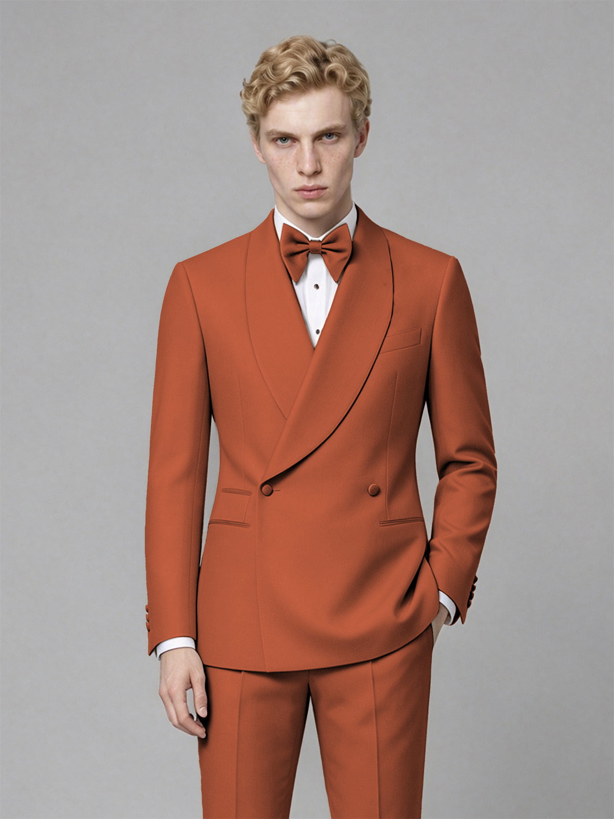Men's Rust Single-Button Rust Satin Shawl Lapel Tuxedo Suit Set | Blazer & Trousers - Rust