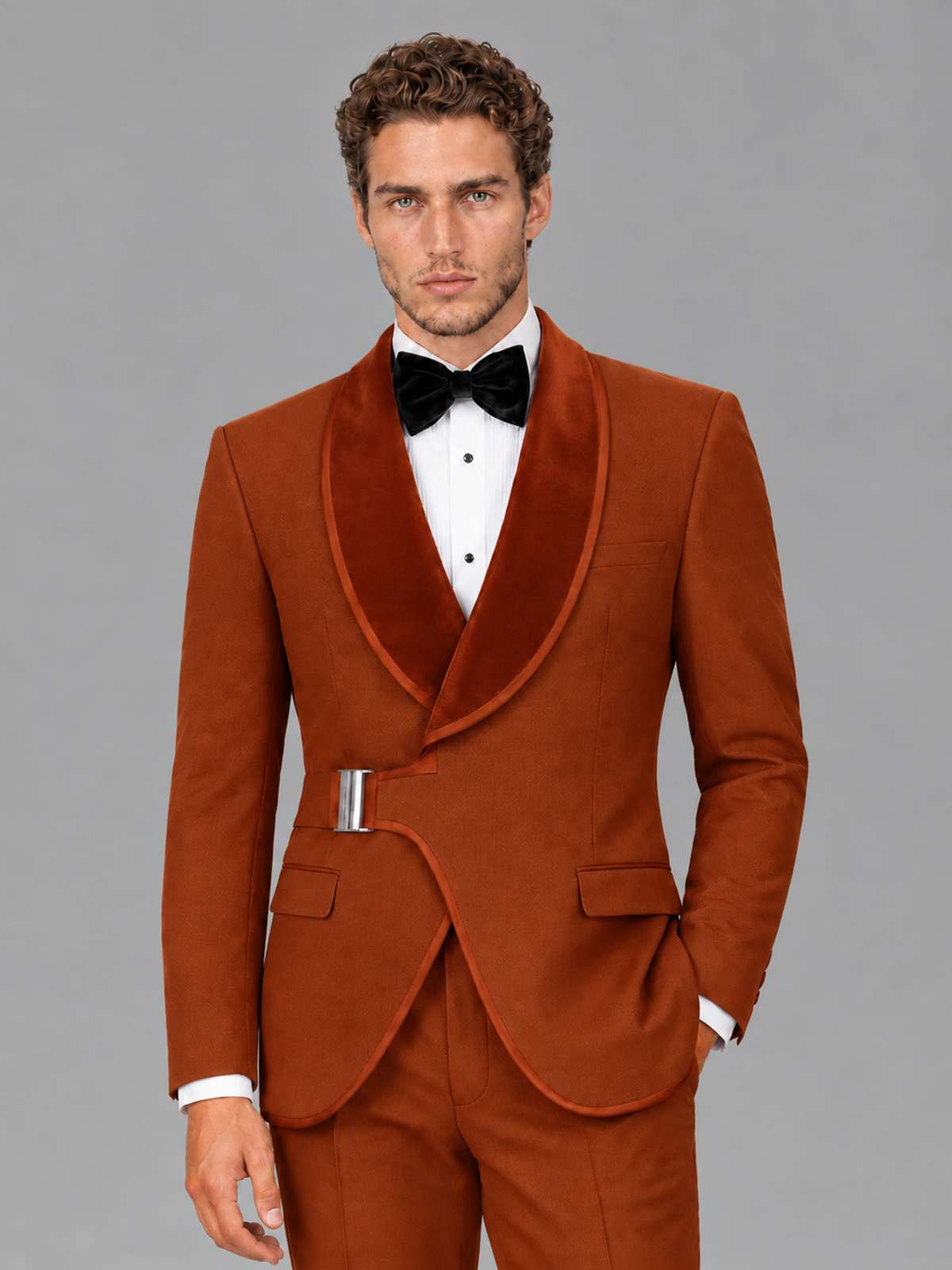 Savile Men's Rust Velvet Shawl Lapel Tuxedo Suit – Modern Side-Buckle Dinner Jacket & Trousers 2-Piece Set - Rust