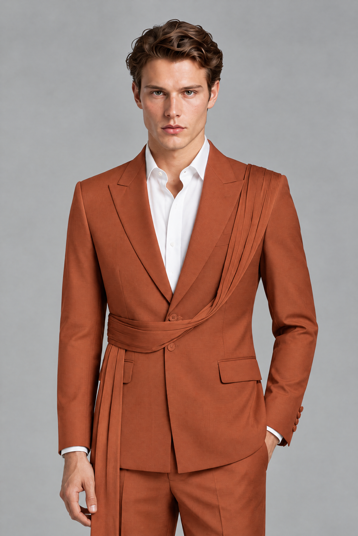 Men's Rust Draped Sash Suit – Peak Lapel 2-Piece Slim Fit Party, Gala & Wedding Set - Rust