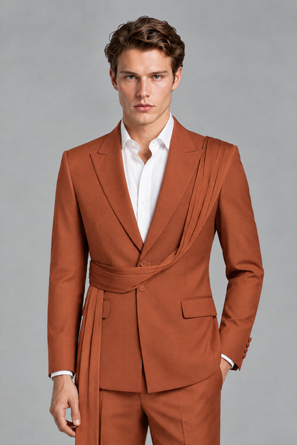Men's Rust Draped Sash Suit – Peak Lapel 2-Piece Slim Fit Party, Gala & Wedding Set - Rust