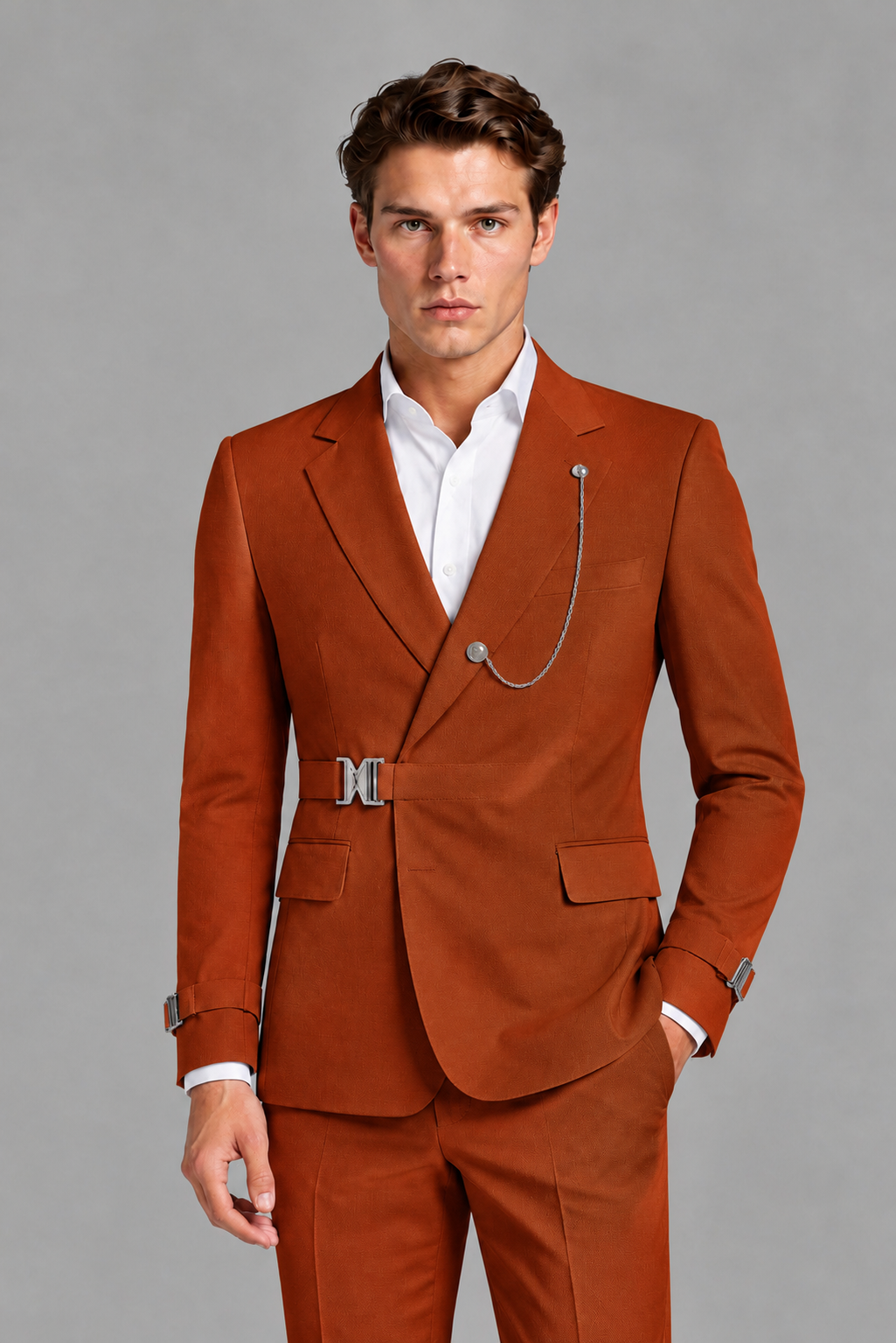 Savile Men's Rust Buckle-Closure 2-Piece Suit Set | Peak Lapel Blazer & Trousers - Rust