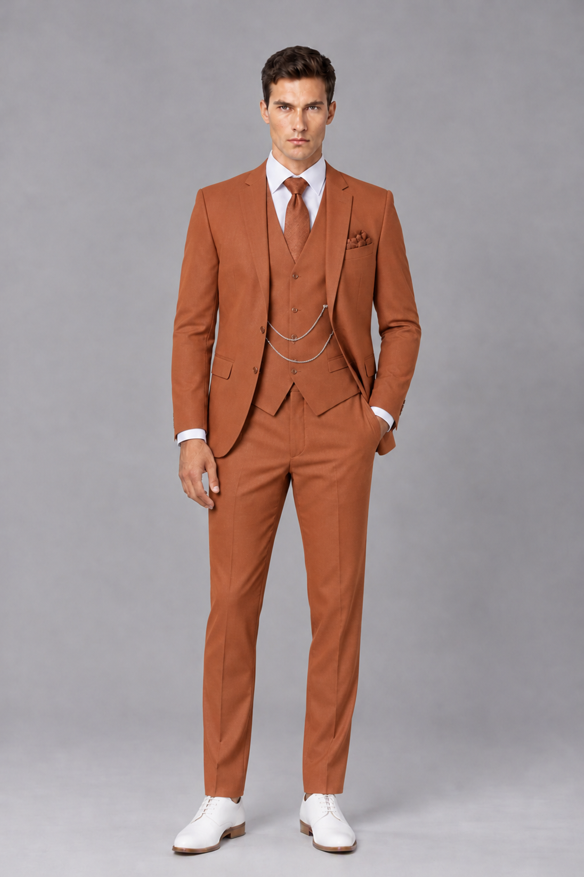 Savile Rust 3-Piece Suit with Notch Lapel & Chain Vest - Rust