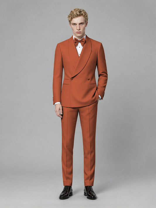 Men's Rust Single-Button Rust Satin Shawl Lapel Tuxedo Suit Set | Blazer & Trousers - Rust