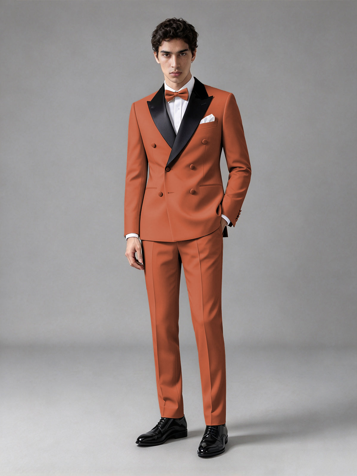 Men's Rust Double-Breasted Satin Peak Lapel Tuxedo Suit Set (Jacket + Trousers) - Rust