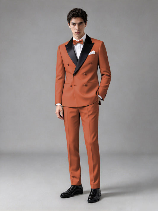 Men's Rust Double-Breasted Satin Peak Lapel Tuxedo Suit Set (Jacket + Trousers) - Rust