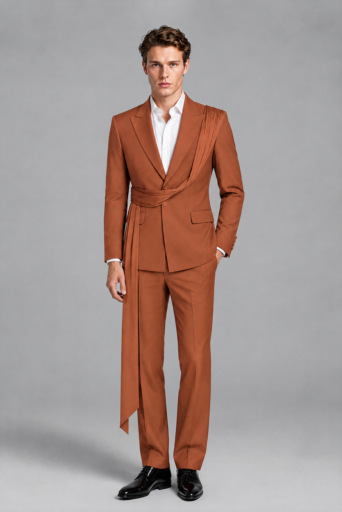 Men's Rust Draped Sash Suit – Peak Lapel 2-Piece Slim Fit Party, Gala & Wedding Set - Rust