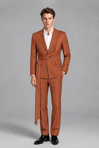 Men's Rust Draped Sash Suit – Peak Lapel 2-Piece Slim Fit Party, Gala & Wedding Set - Rust