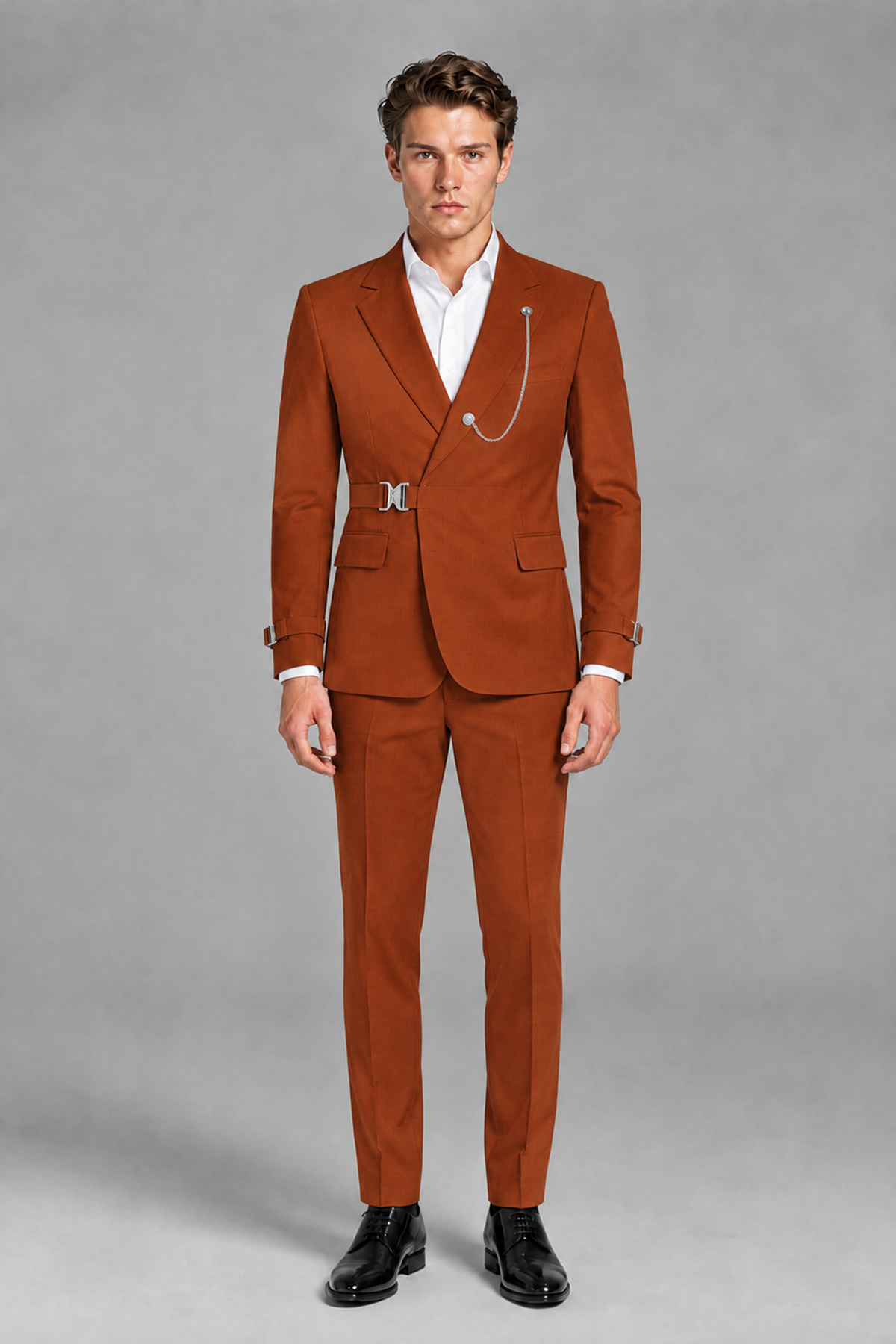 Savile Men's Rust Buckle-Closure 2-Piece Suit Set | Peak Lapel Blazer & Trousers - Rust