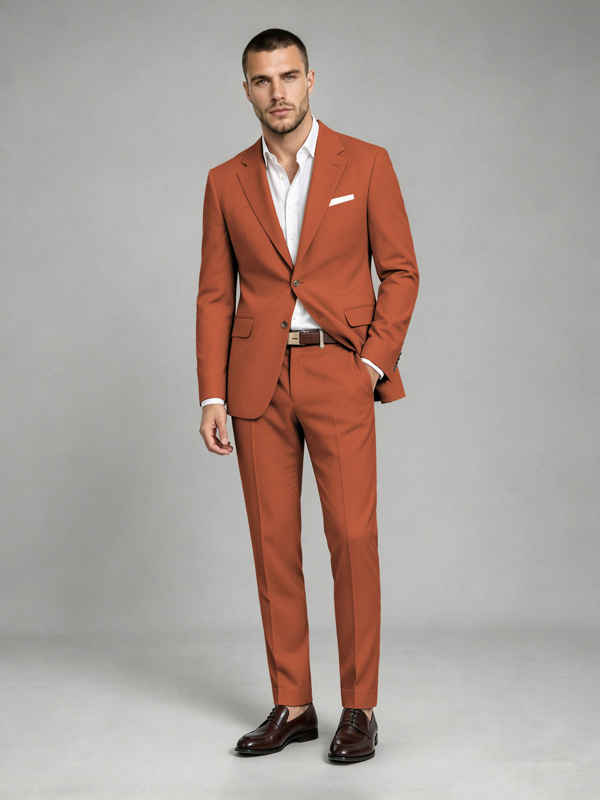 Savile Men's Dark Rust Wool-Blend 2-Piece Suit Set – Two-Button Notch Lapel Slim-Fit Blazer & Turn-Up Trousers - Rust