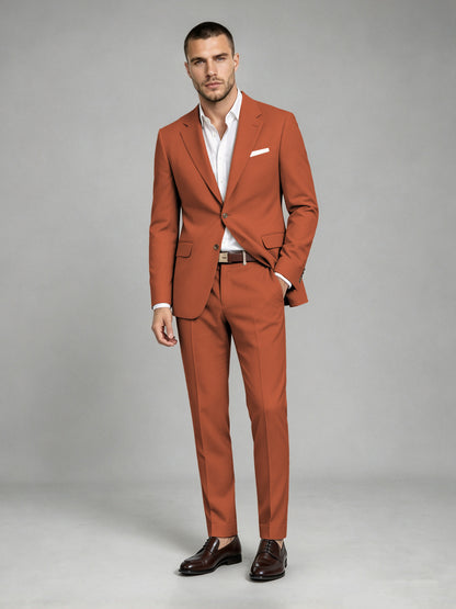 Savile Men's Dark Rust Wool-Blend 2-Piece Suit Set – Two-Button Notch Lapel Slim-Fit Blazer & Turn-Up Trousers - Rust