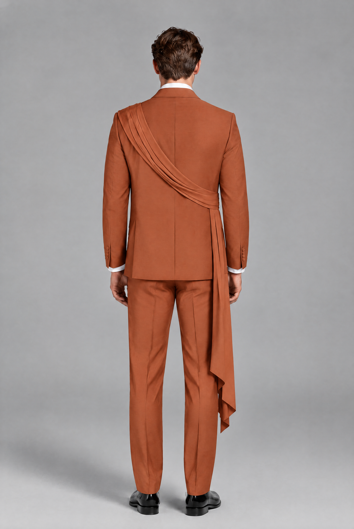 Men's Rust Draped Sash Suit – Peak Lapel 2-Piece Slim Fit Party, Gala & Wedding Set - Rust