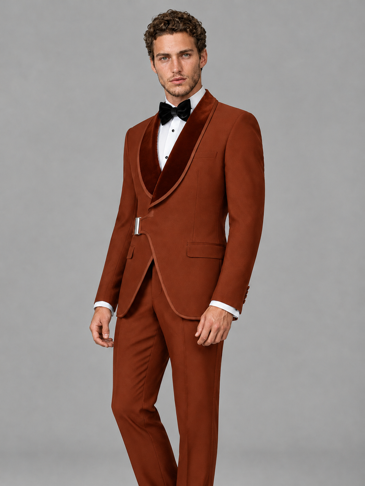Savile Men's Rust Velvet Shawl Lapel Tuxedo Suit – Modern Side-Buckle Dinner Jacket & Trousers 2-Piece Set - Rust