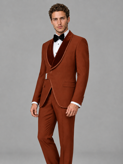 Savile Men's Rust Velvet Shawl Lapel Tuxedo Suit – Modern Side-Buckle Dinner Jacket & Trousers 2-Piece Set - Rust