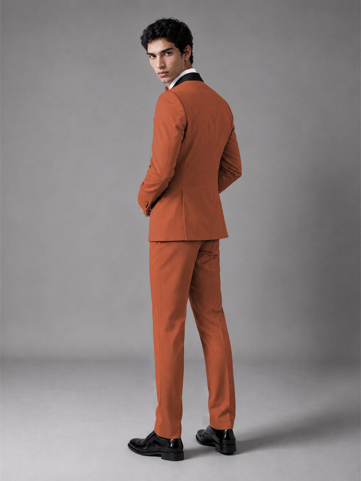 Men's Rust Double-Breasted Satin Peak Lapel Tuxedo Suit Set (Jacket + Trousers) - Rust