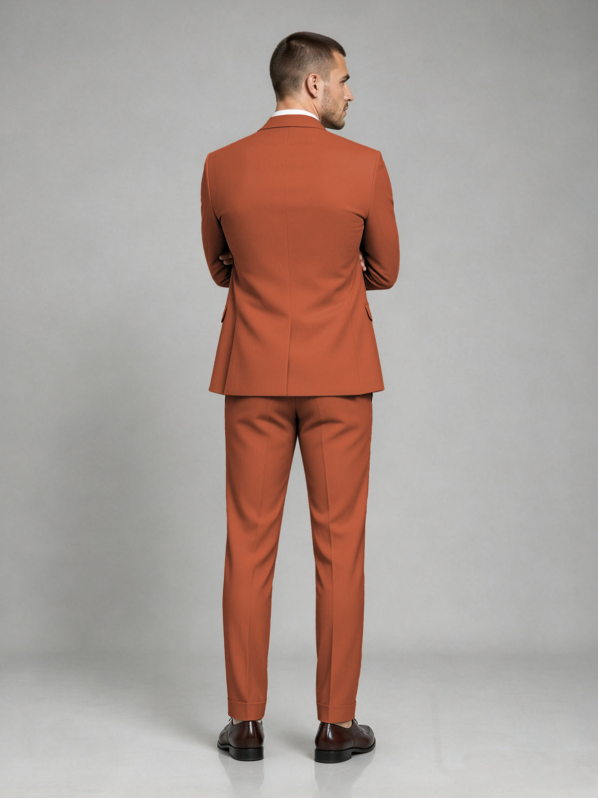 Savile Men's Dark Rust Wool-Blend 2-Piece Suit Set – Two-Button Notch Lapel Slim-Fit Blazer & Turn-Up Trousers - Rust